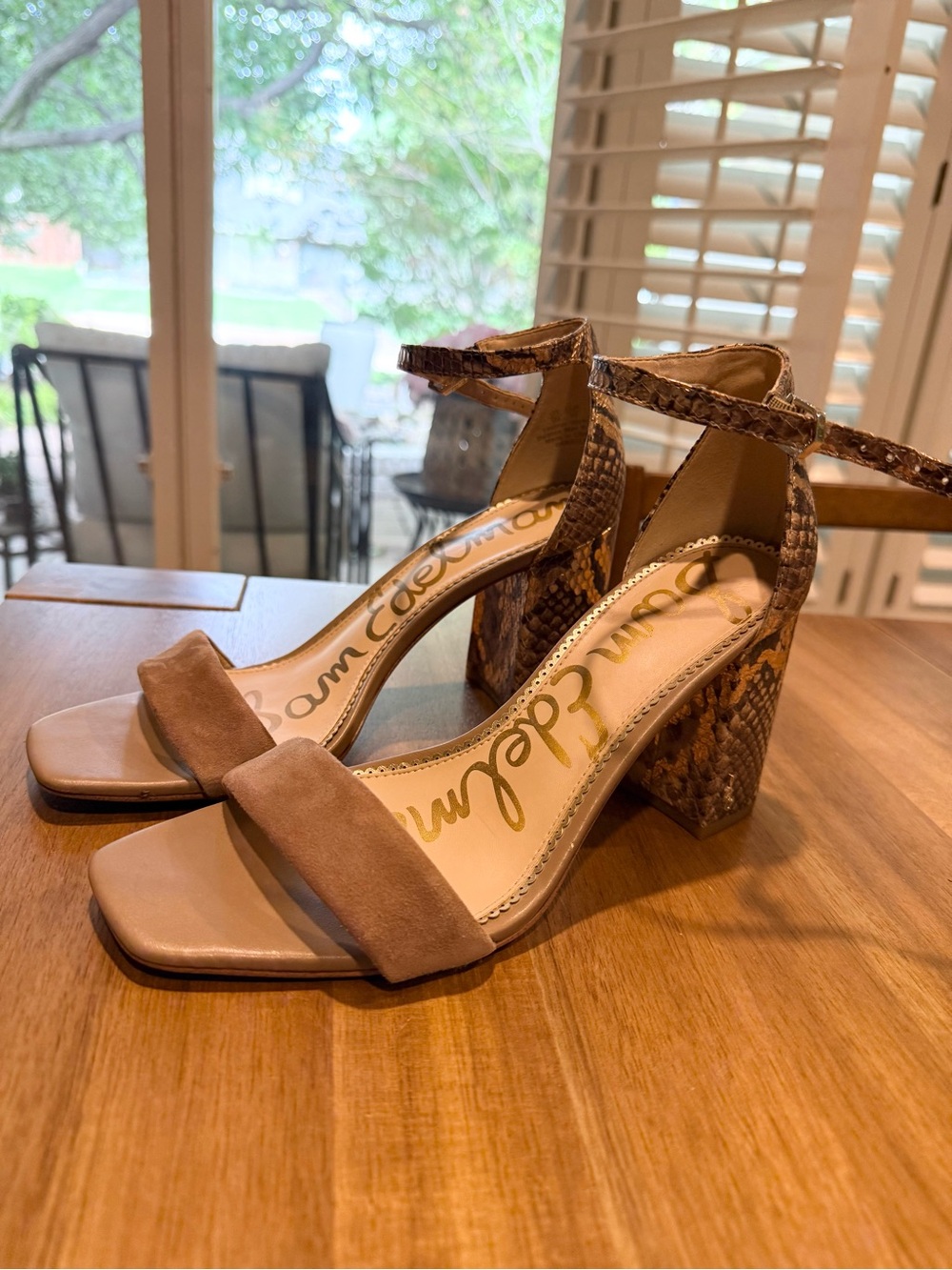Sam Edelman Taupe Suede & Snake-Print Block Heel Sandals